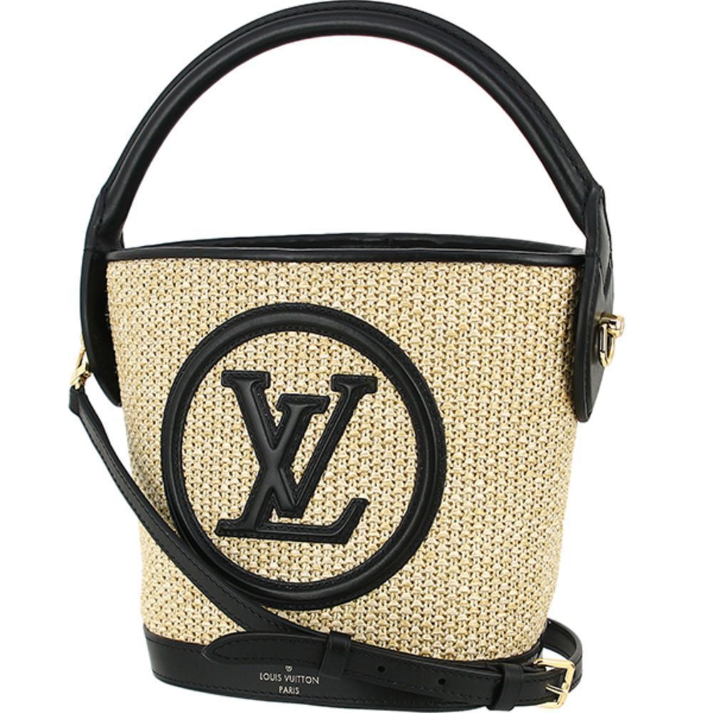 Petit Bucket Circle Raffia Calf Leather Noir Black Natural Shoulder Bag Handbag